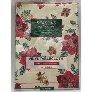 Christmas Tablecloth 60” Round Table Topper w/ Poinsettias Flannel Backed New